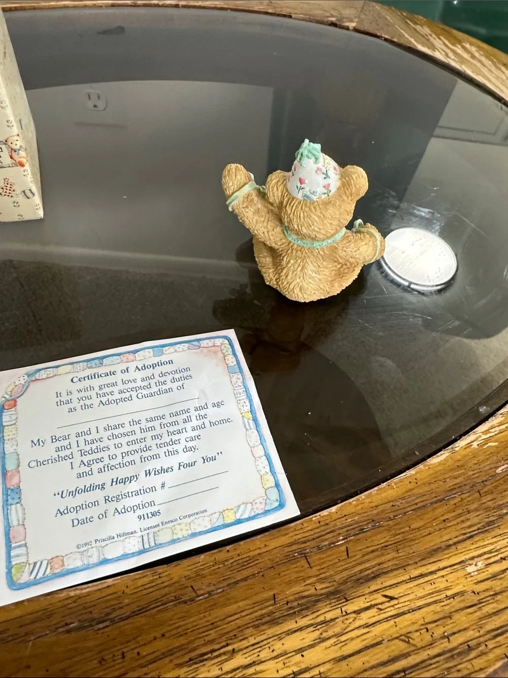 Cherished Teddies Tan Bear Figurine with Green Hat and Garland